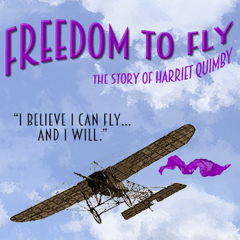 Freedom to Fly webtile: artwork shows a 1920s monoplane, flying in a sky with puffy clouds; a scarf trails behind the plane in the wind. Text: 